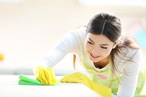 Cleaner maintaining a shared entrance area in a Bromley apartment block