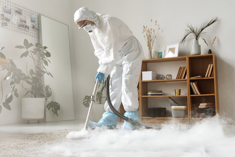 A professional cleaning specialist dressed in protective white coveralls, goggles, and a face mask, is performing surface cleaning with a steam cleaning machine on a beige carpet in a modern living room. The room features a wooden bookshelf with decorative items and books, a tall potted plant, and a white-framed mirror against a white wall. The bright, natural lighting highlights the cleanliness and freshness of the deep-cleaned carpet, which appears fluffy and free of stains or debris. The scene showcases thorough hygiene and routine maintenance associated with domestic cleaning services offered by Carpet Cleaners Bromley, emphasizing effective sanitisation of residential floor surfaces.